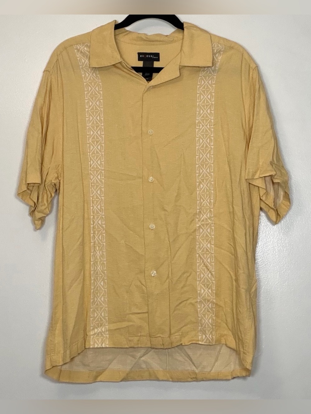 Vintage Y2K Axcess Yellow Short-Sleeve Button-Down Shirt with Embroidered Panels